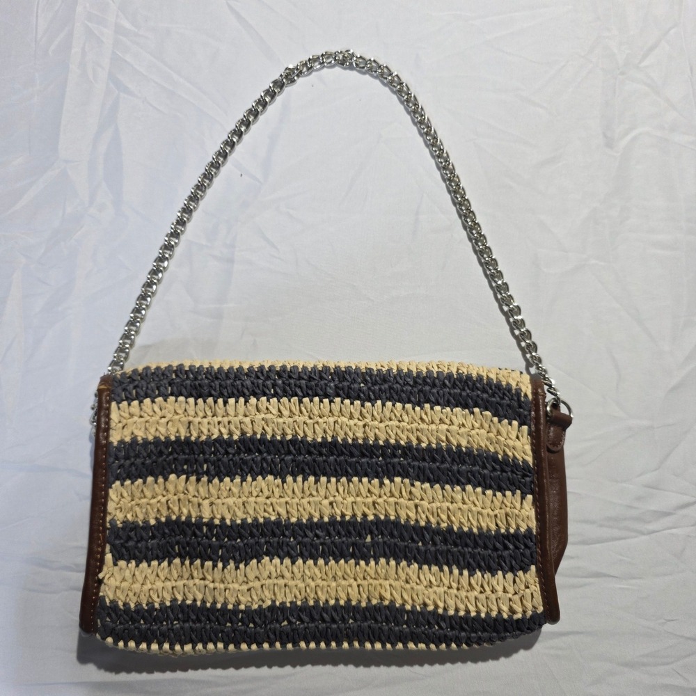 Straw Studios Woven Striped Chain Shoulder Bag Navy Cream Nautical Clutch - Picture 2 of 4